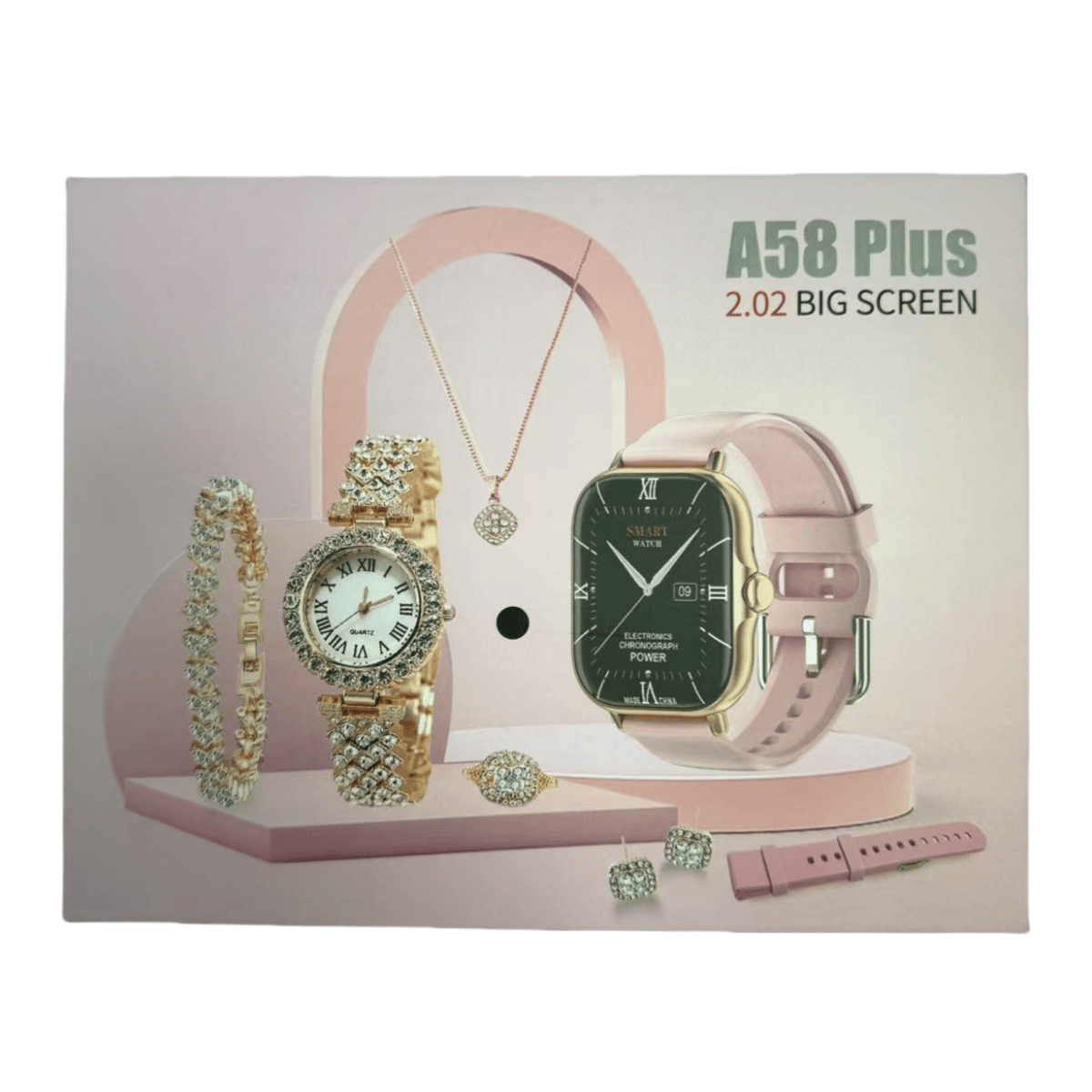 A58 Plus Smartwatch Gift Set for Girls – 8-in-1 Luxury Combo
