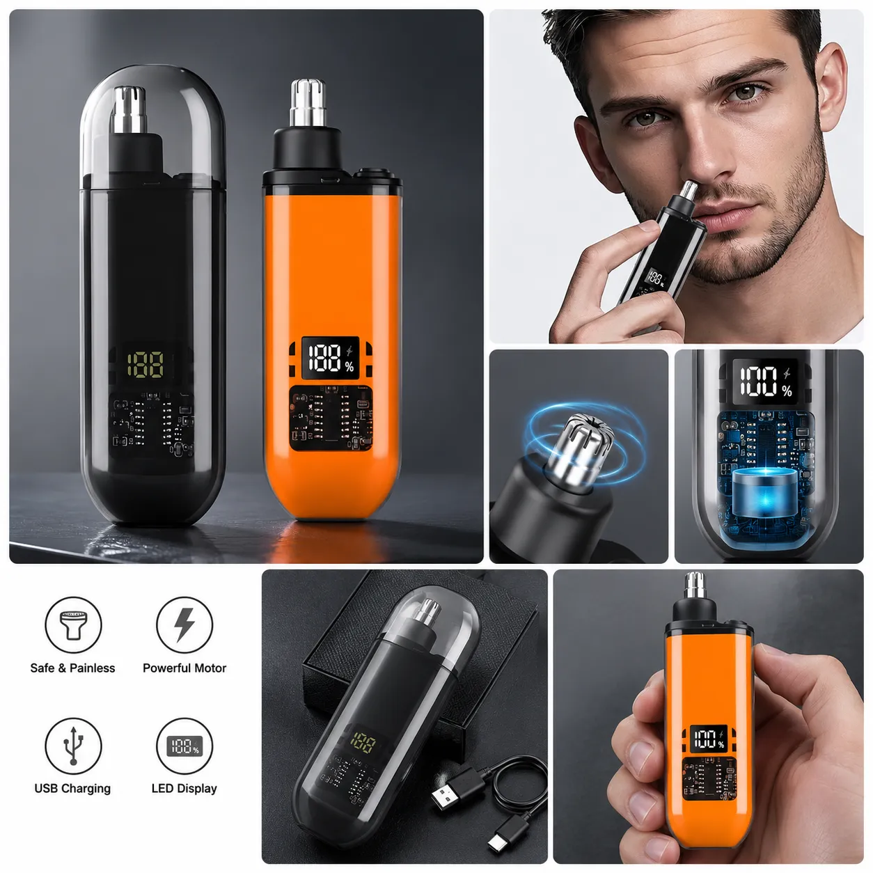 USB Rechargeable Electric Nose & Ear Hair Trimmer with LED Display