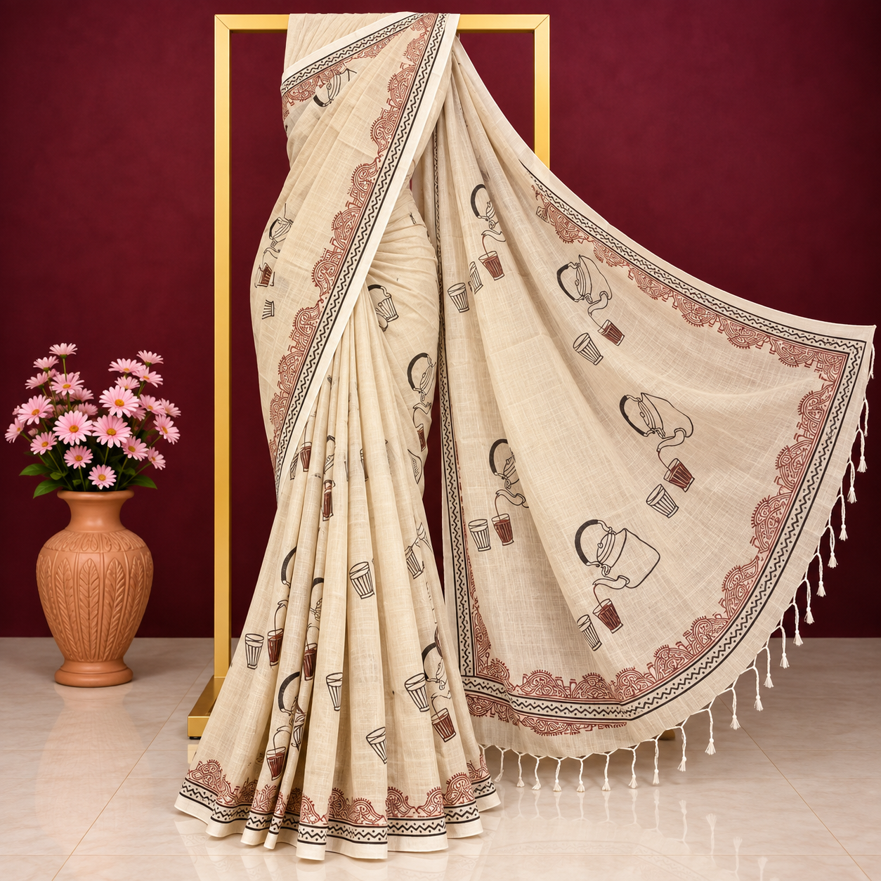 Exclusive off-white cotton embroidered saree with scalloped borders.