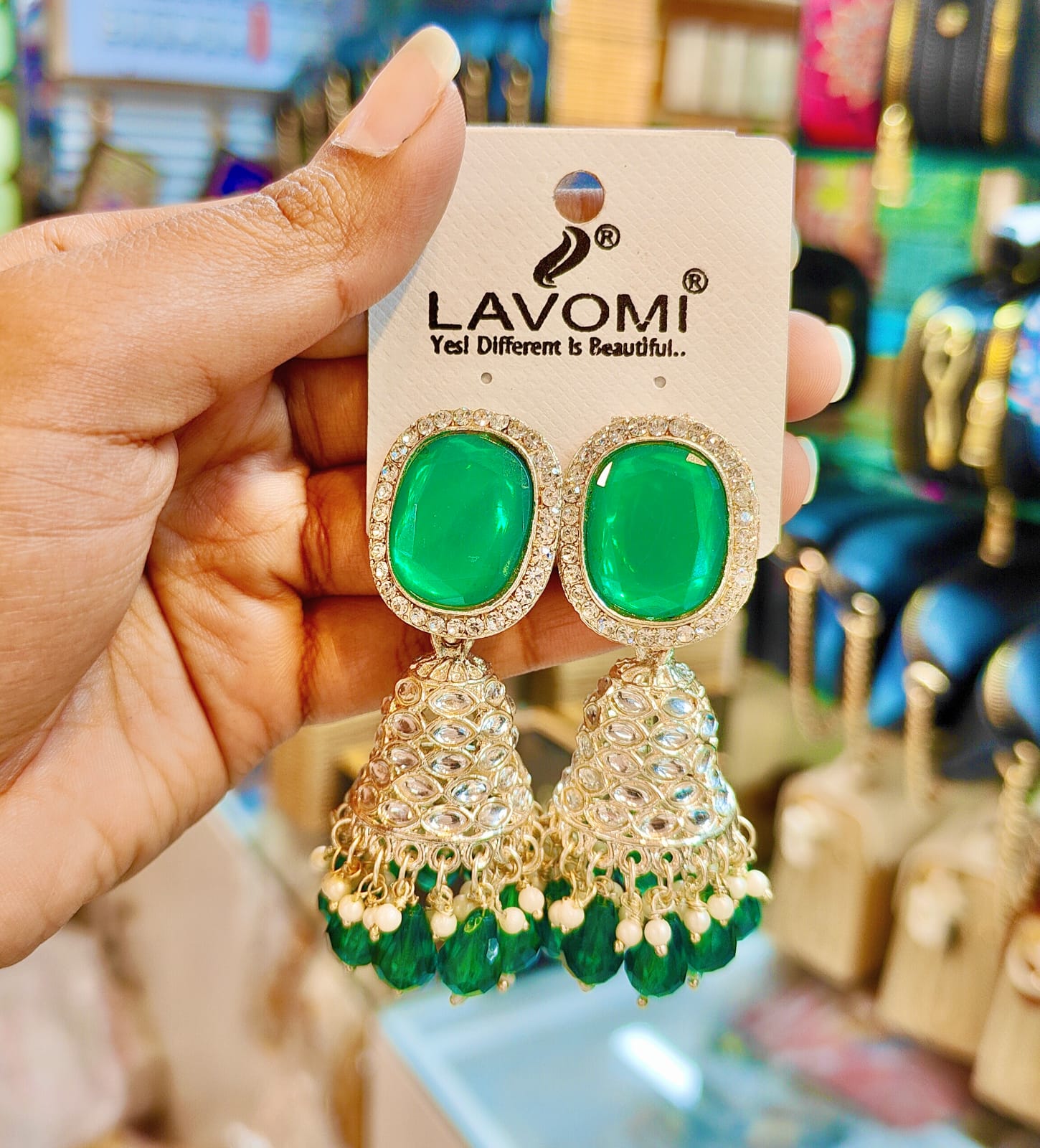 Premium Emerald Green Stone & Kundan Jhumka Earrings