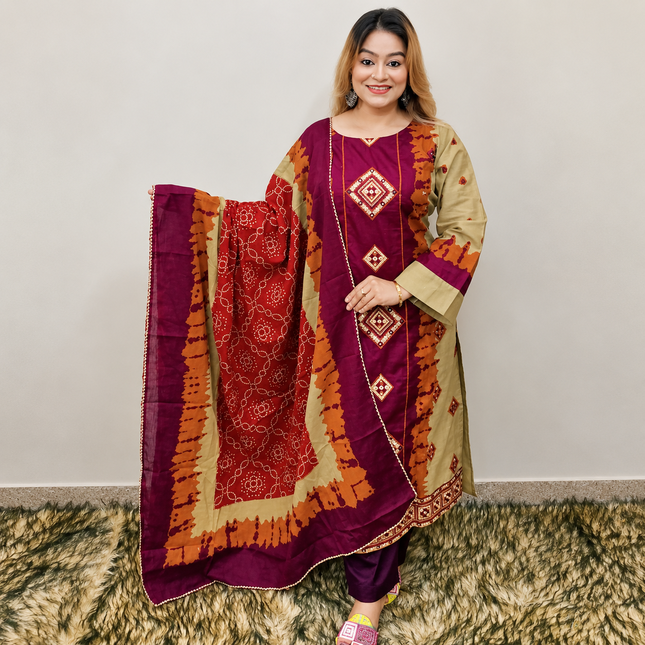 Unstitched Premium Batik & Bandhej Printed Cotton Three-Piece Suit