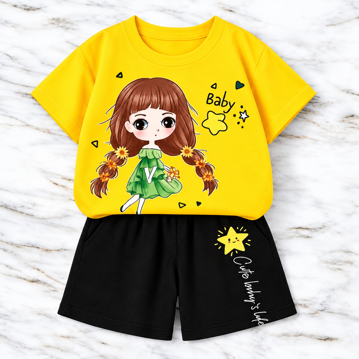 Cute Doll Printed Baby Girls' T-Shirt & Shorts Set - Bright Yellow