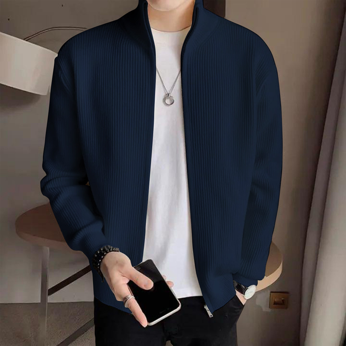 Men's Rib jacket Navy Blue Colour (Full Zipper)